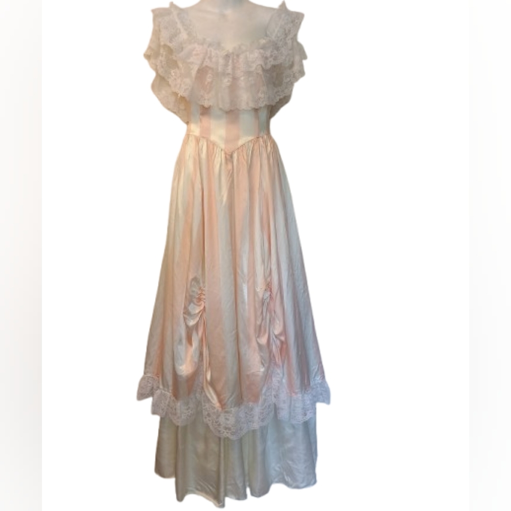 Gunne Sax  Vintage Dress Stripe Lace Prairie Victorian Satin Dress Size: 7